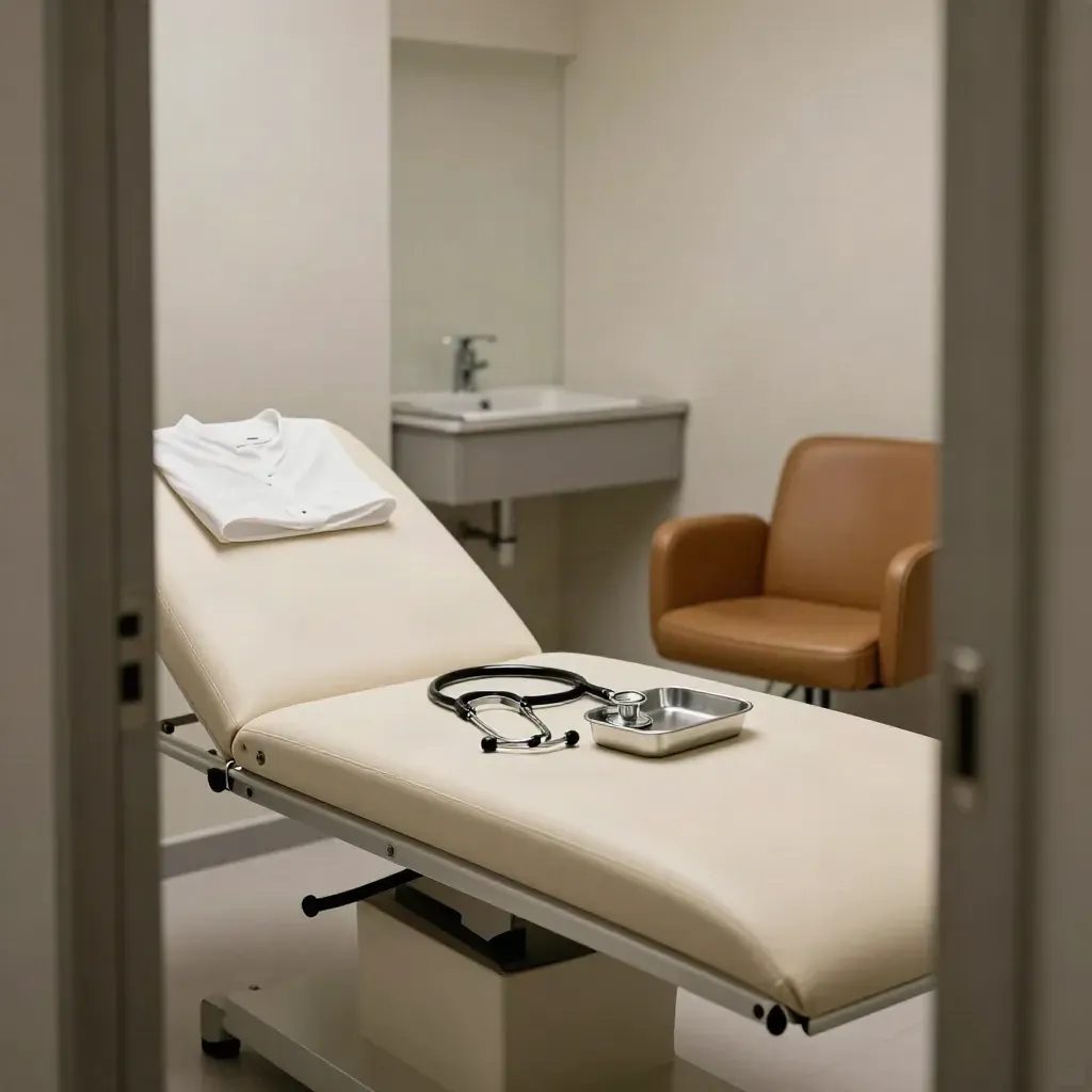 Fresh private GP consult room with exam couch, stethoscope, gown and turned leather chair.