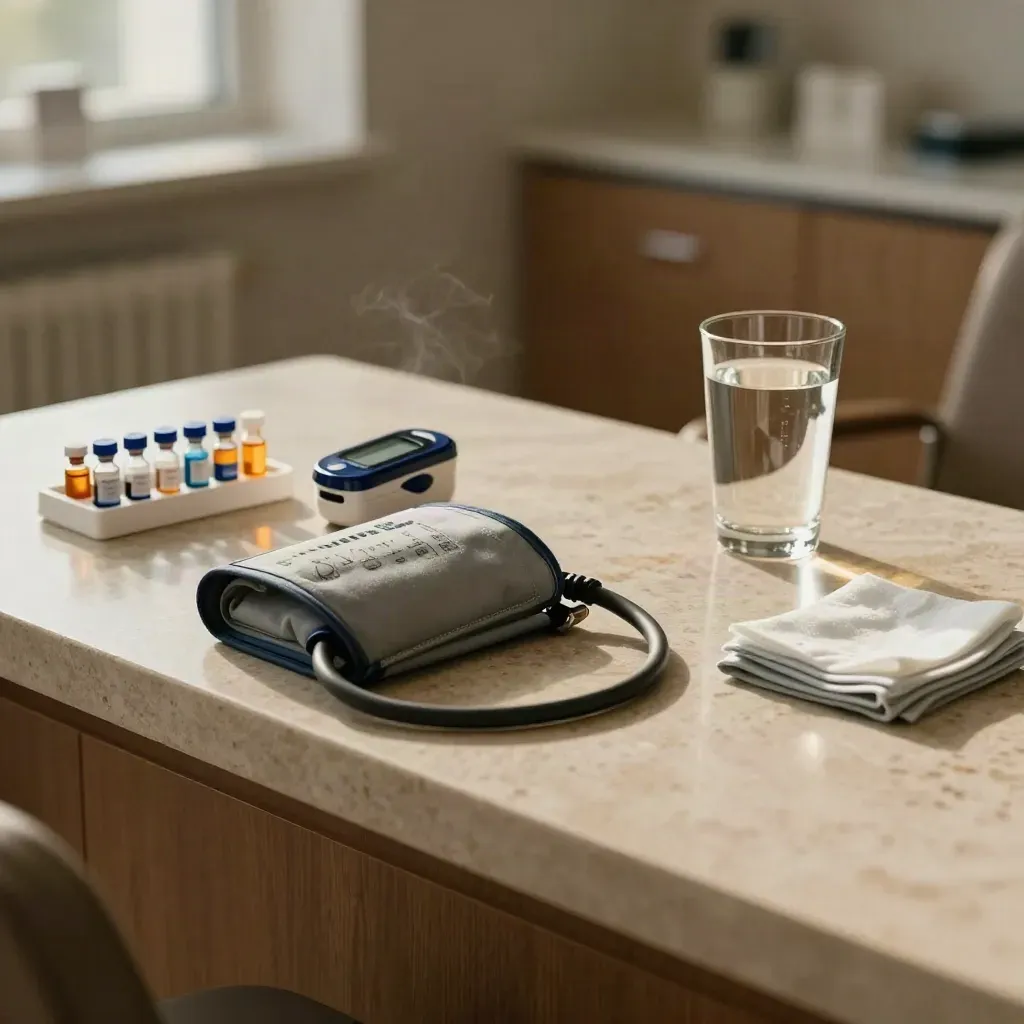 Health screening tools on stone counter with water glass in a warm clinic corner