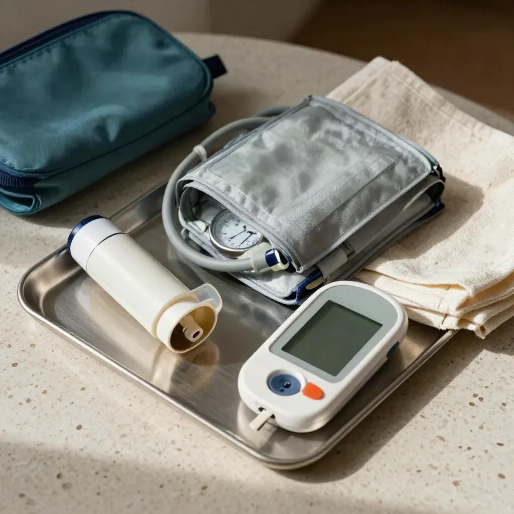 Top-down kit with inhaler, spacer, blood-pressure cuff and glucose meter on travertine.