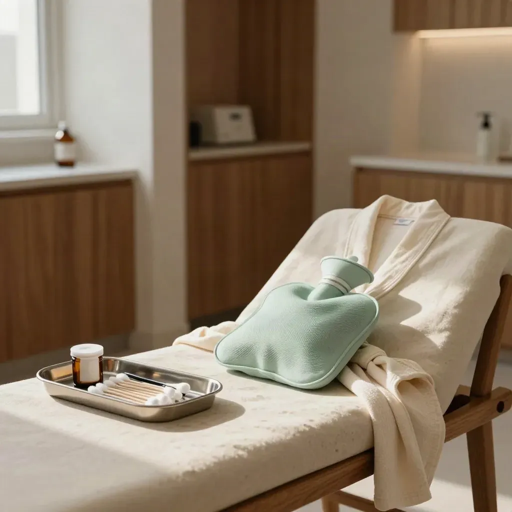 Private women’s health clinic setup with robe, heat pack, tray, and cotton pads in warm light.