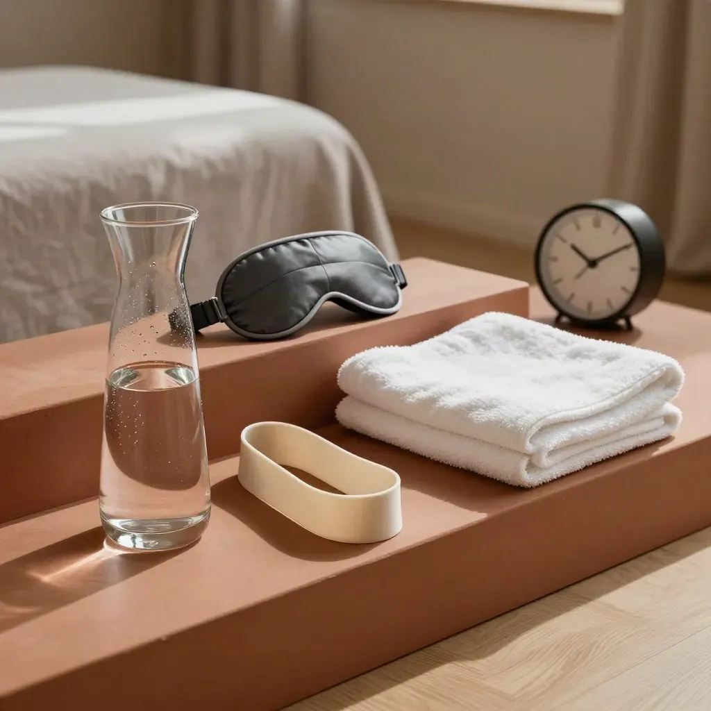 Wellness clinic habit-reset corner with towel, resistance band, sleep mask, water carafe, and clock.