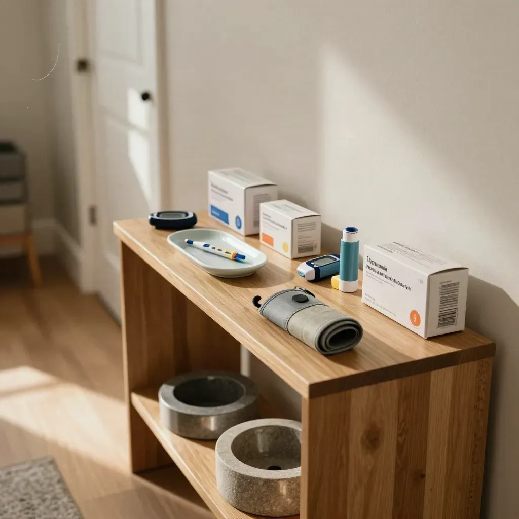 Hallway care station with cuff, thermometer, inhaler, meter, and medicine boxes