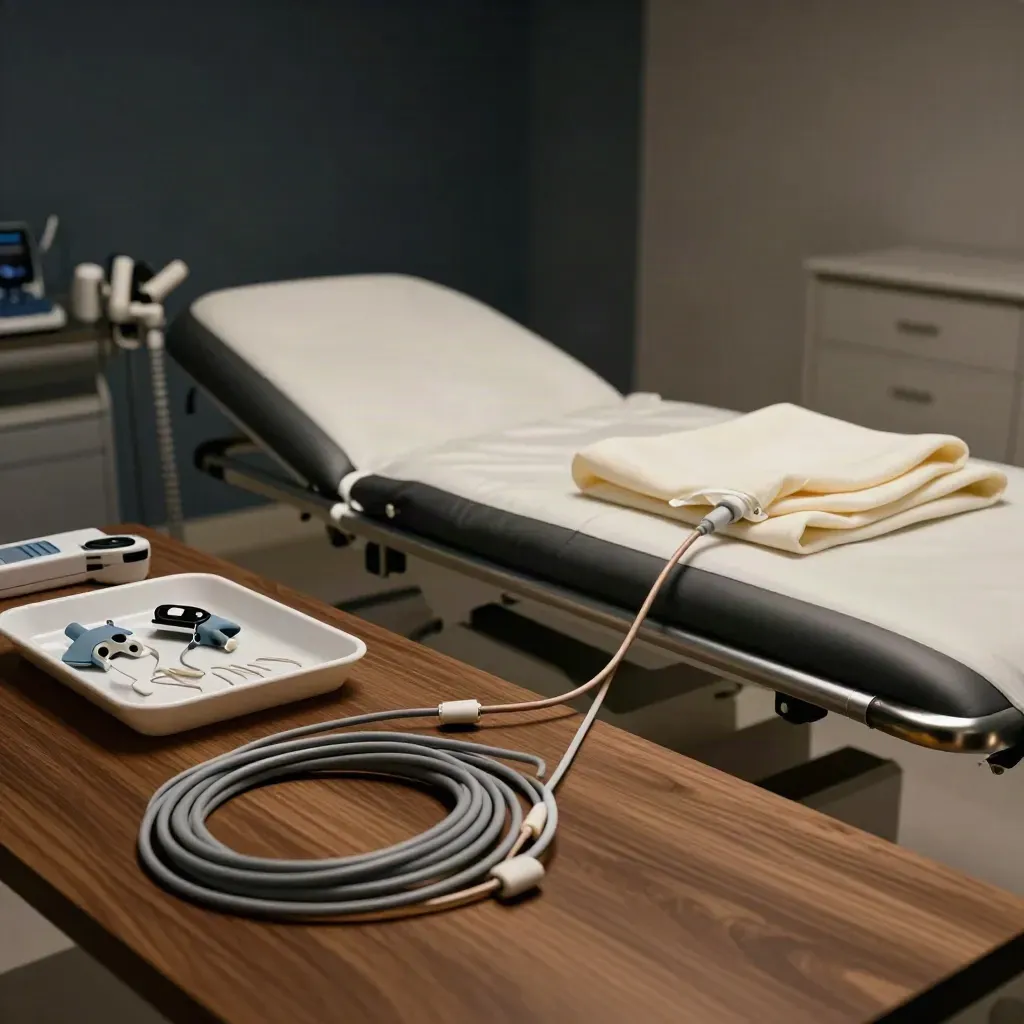 Ultrasound clinic still life with coiled leads, pulse oximeter clips and a probe cover on a trolley.