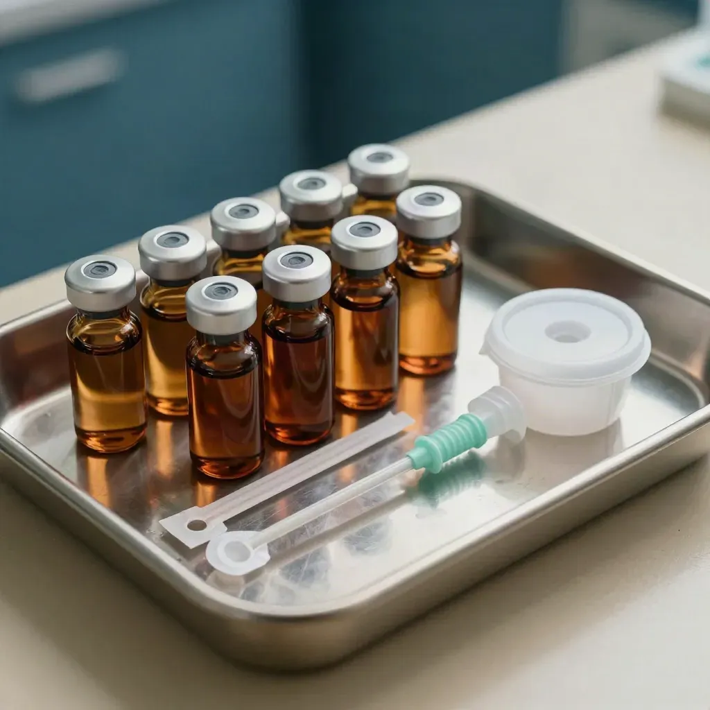 Vaccine vials, antiseptic swabs, and a capped sharps container on a stainless clinic tray.