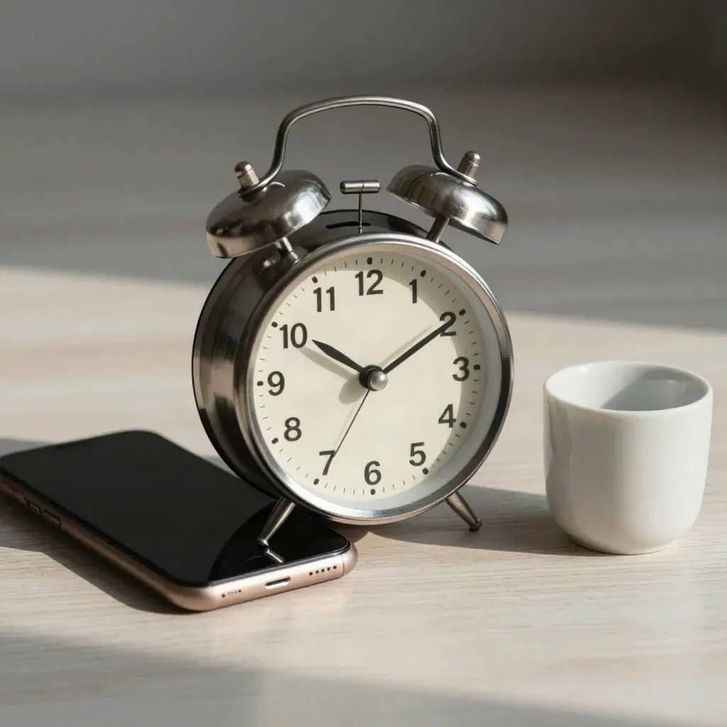 Brushed alarm clock, face-down phone and ceramic cup on pale wood, a quiet booking moment.