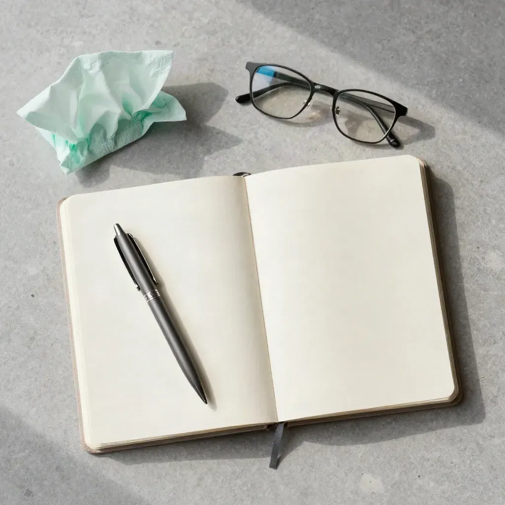 Overhead notebook, pen, glasses and tissue on stone, styled for a health consultation step