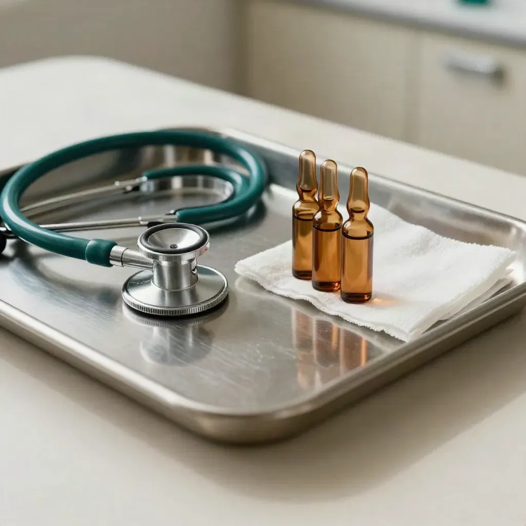 Penlight, stethoscope, and amber vials on a soft plaster sweep.