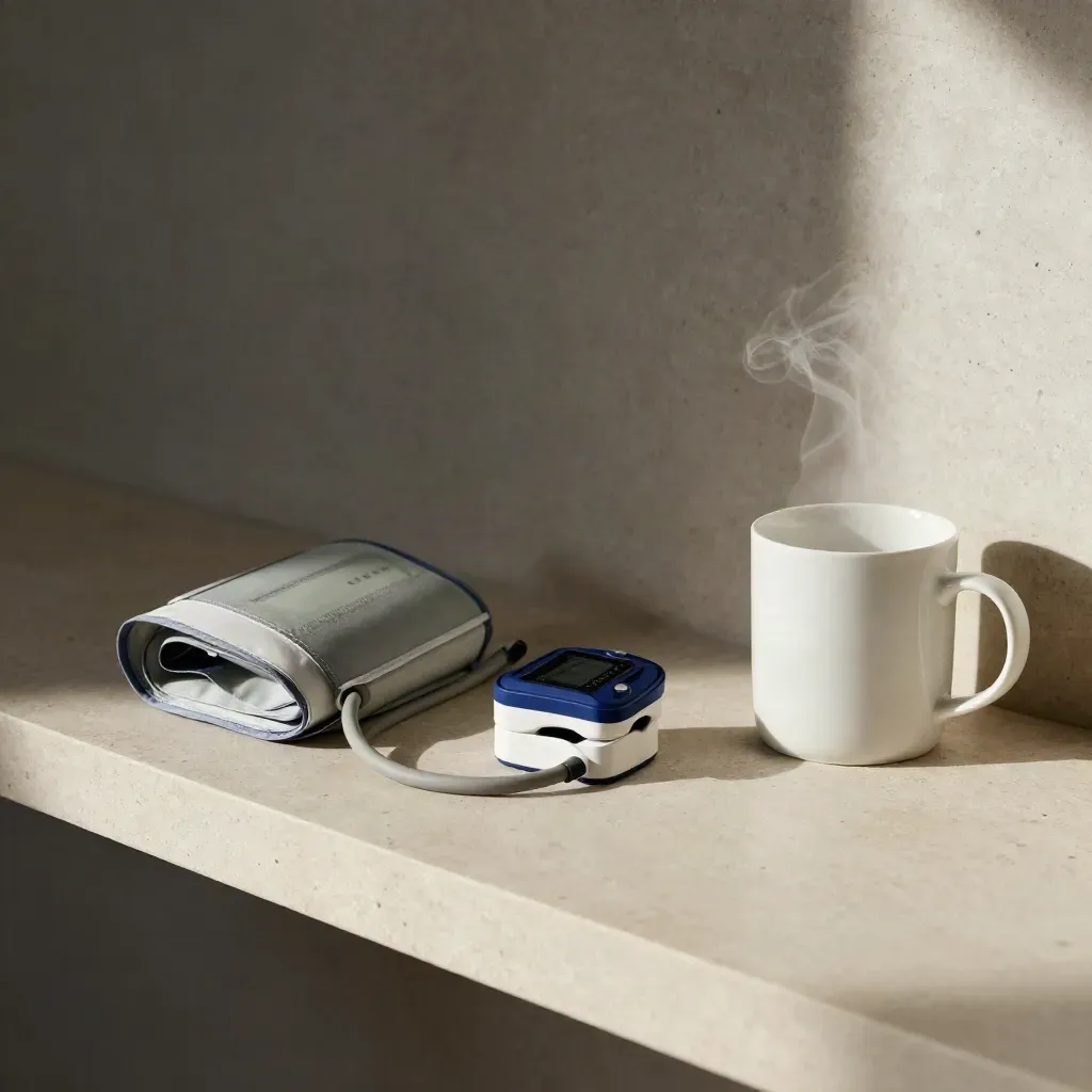 Blood-pressure cuff, pulse oximeter, charging stand and mug on a pale stone shelf.