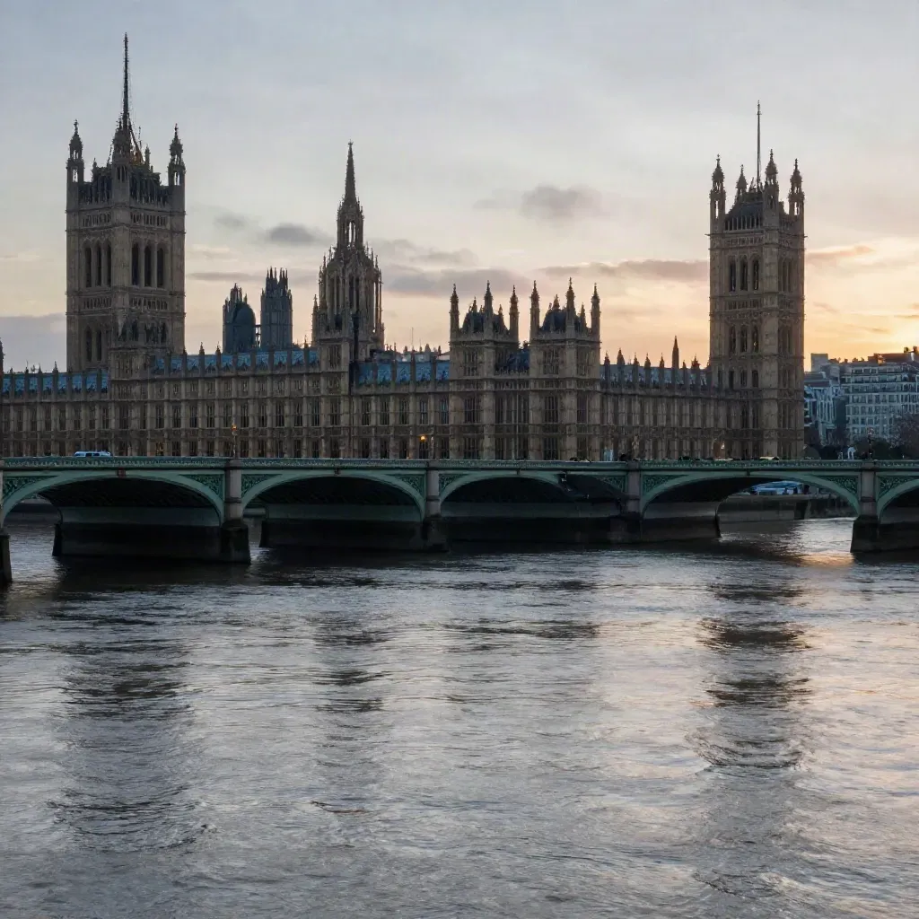 Westminster silhouette over the Thames at blue hour, hazy wet river and bridge forms high in frame.