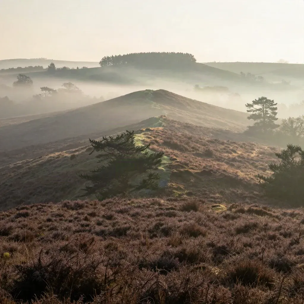 Sunrise over Surrey heath and wooded ridges at Leith Hill, with misty open foreground.