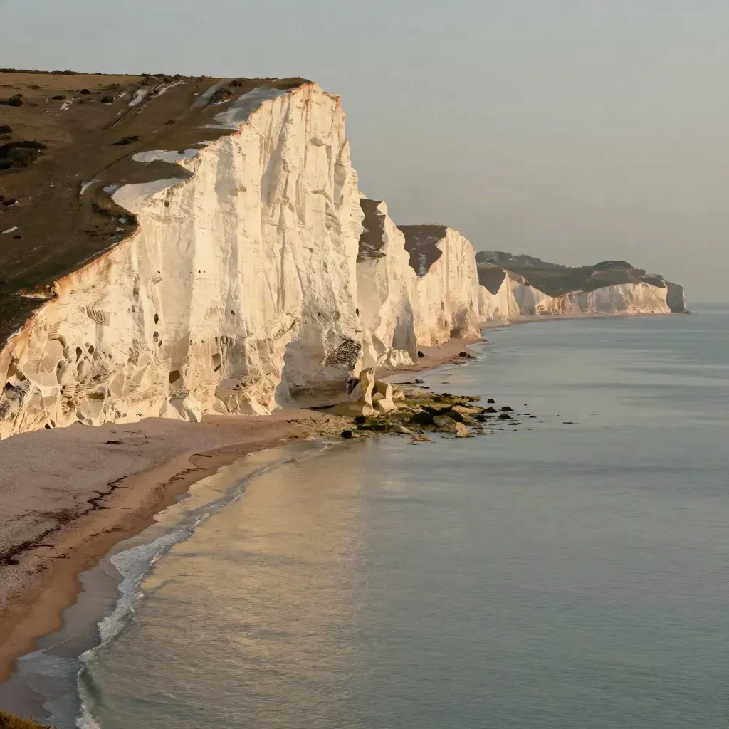 Golden White Cliffs of Dover above a calm hazy channel with open water for copy.