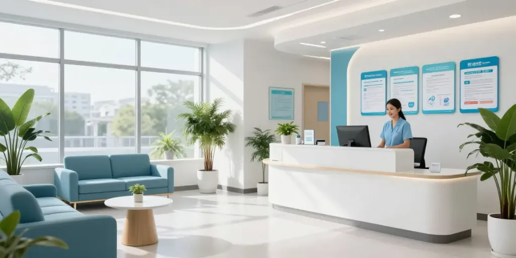 Healthcare clinic reception area featuring peptide swap services and patient care.