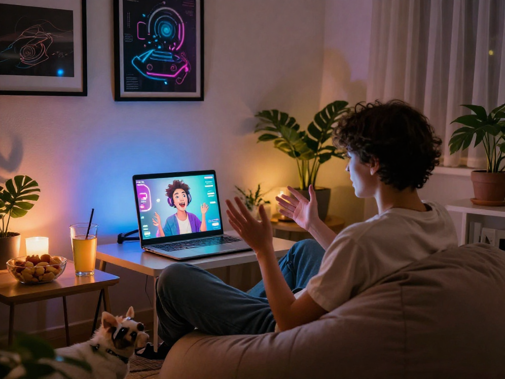 Engaging ai porn chat experience with a cozy virtual setup and AI avatar interaction